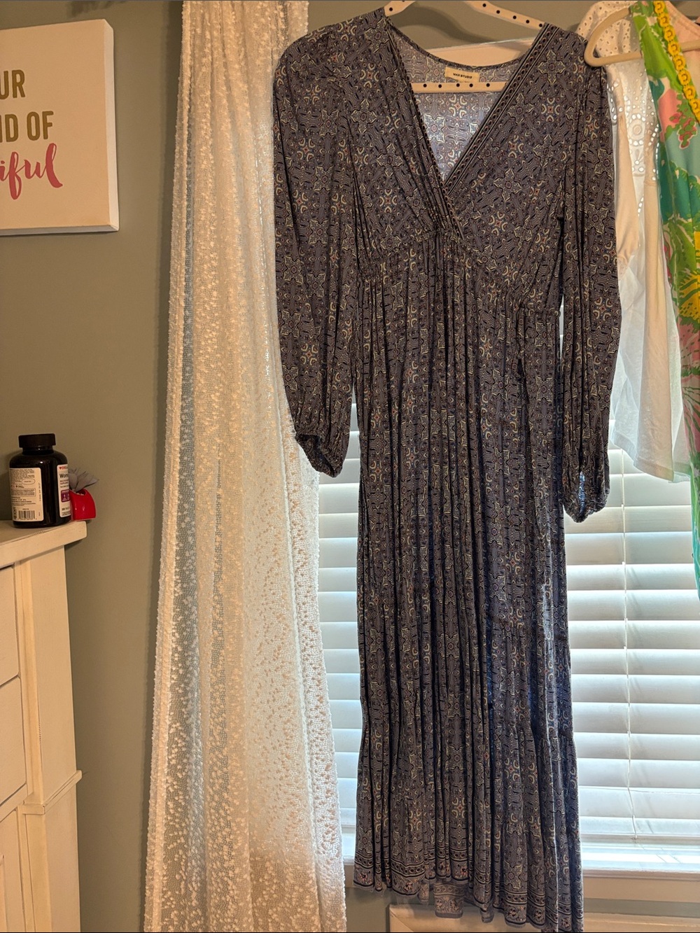 Max Studio Blue Printed V-Neck Long Sleeve Maxi Dress
